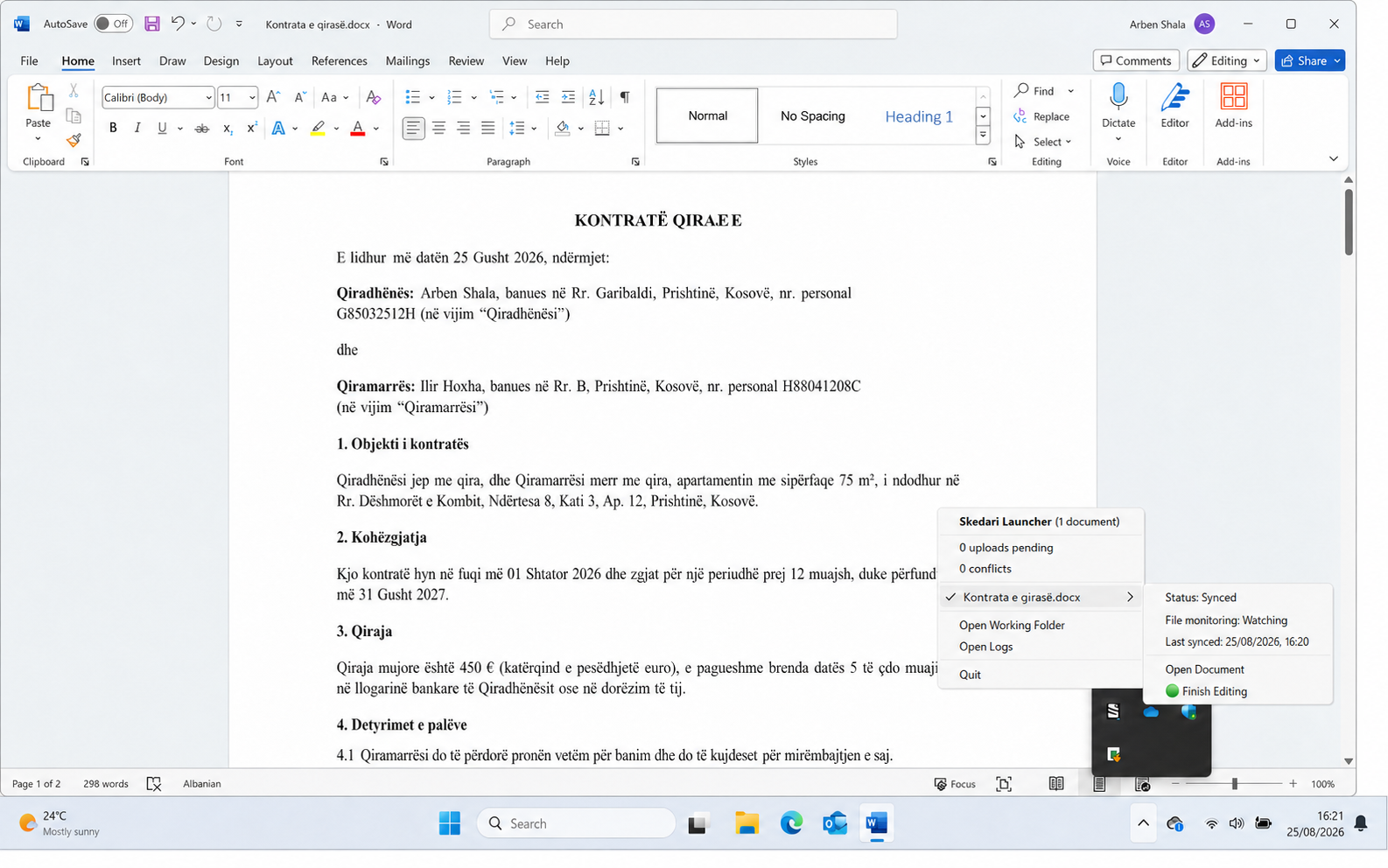 Menyja reale e Skedari Launcher në system tray duke monitoruar një kontratë të hapur në Word